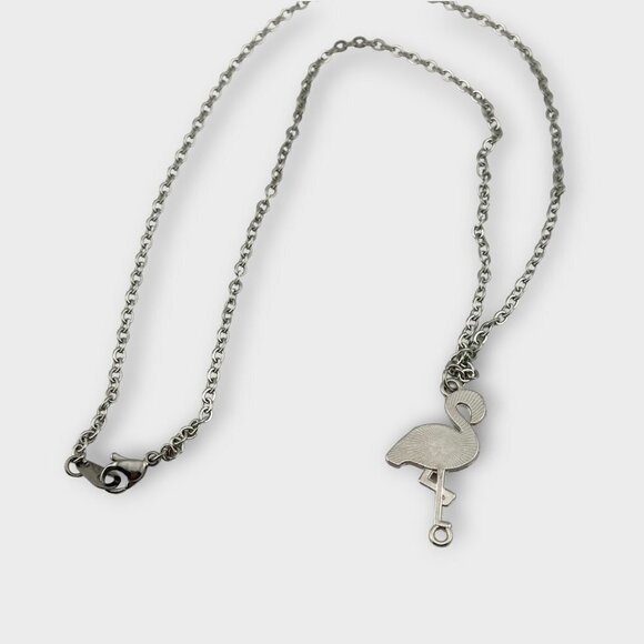 Pink Flamingo Enamel Necklace Diamond Cut Stainless Steel Chain - Picture 2 of 11